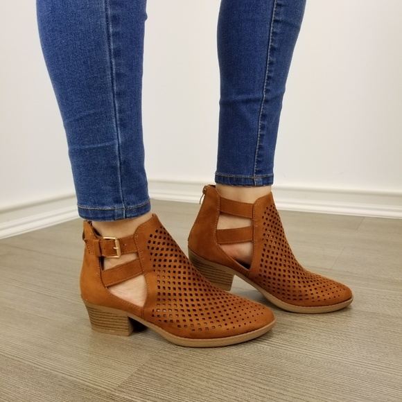 Shoes - Brown Perforated Cut Open Ankle Boots